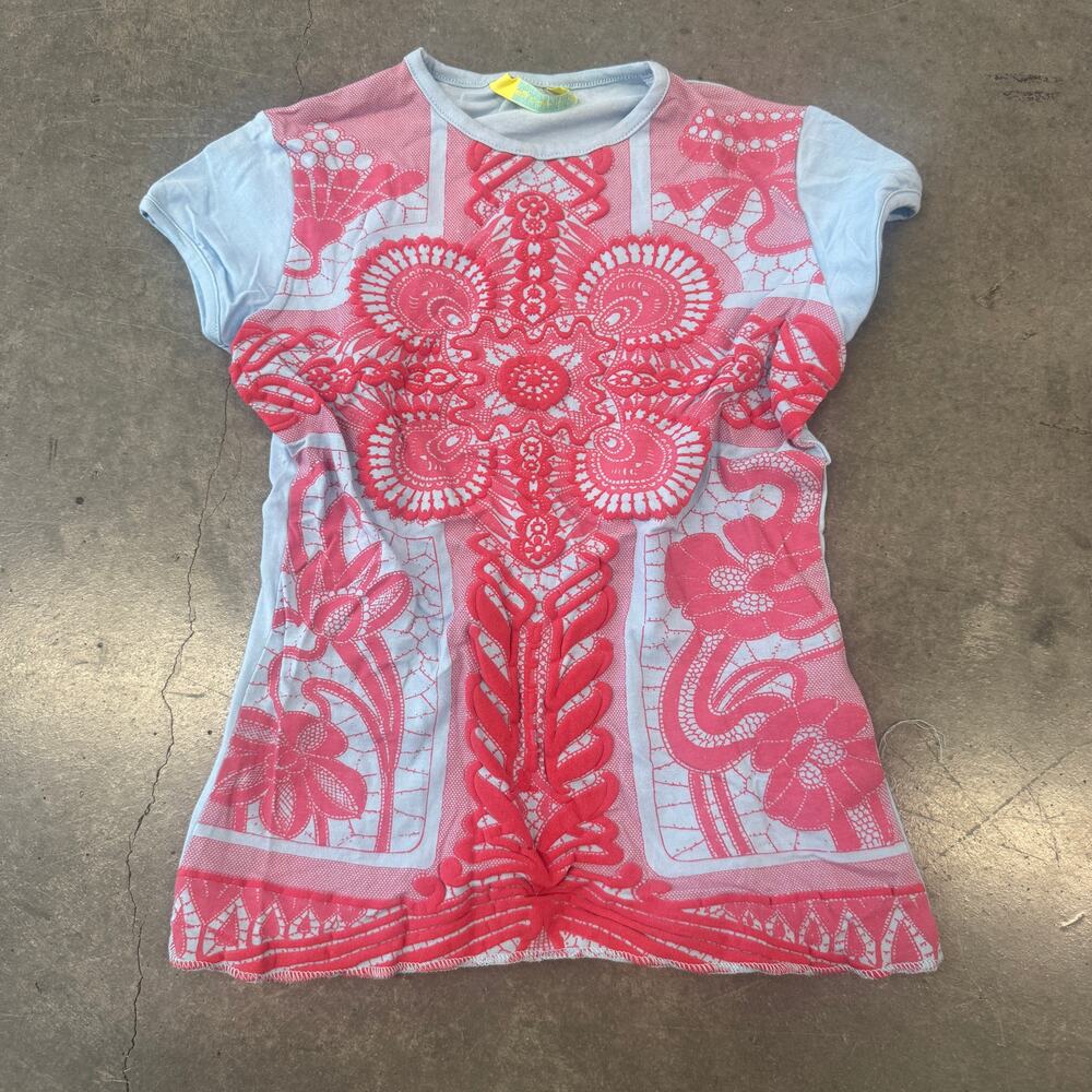 Vintage Y2K Fornarina Made In Italy Cross Embossed Puff Baby Tee Blue Pink Small